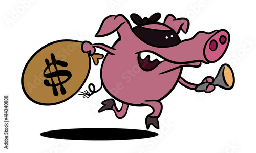 A cartoon illustration of a pig burglar stealing money.