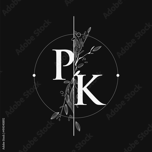 Letter PK Initial Logo with Hand Draw Floral, Initial Wedding Font Logo with Circle and Flowers.