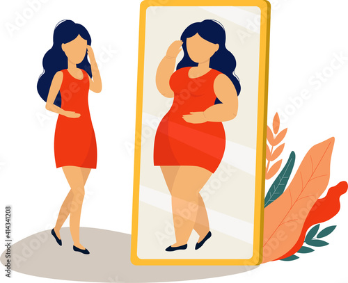 A woman with a perfect thin body looks at herself in the mirror and feels stressed, insecure and fat, suffers from anorexia. The concept of a psychological eating disorder. An illustration vector