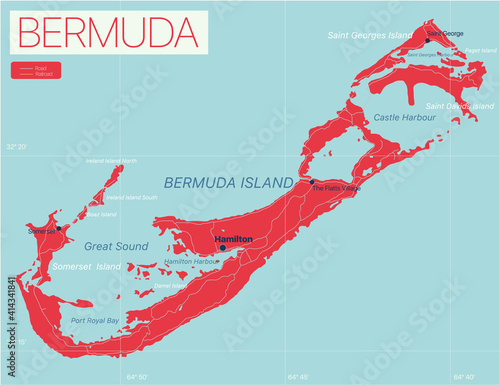 Bermuda detailed editable map with regions cities and towns, roads and railways, geographic sites. Vector EPS-10 file