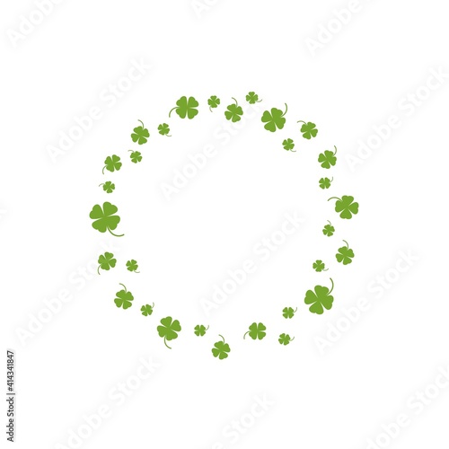 Clover garland on white background. St Patrick day greeting card with shamrock wreath and sky.