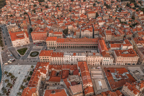 Aerial drone shot of Republic Square in Split old town in sunrise hour in Croatia photo