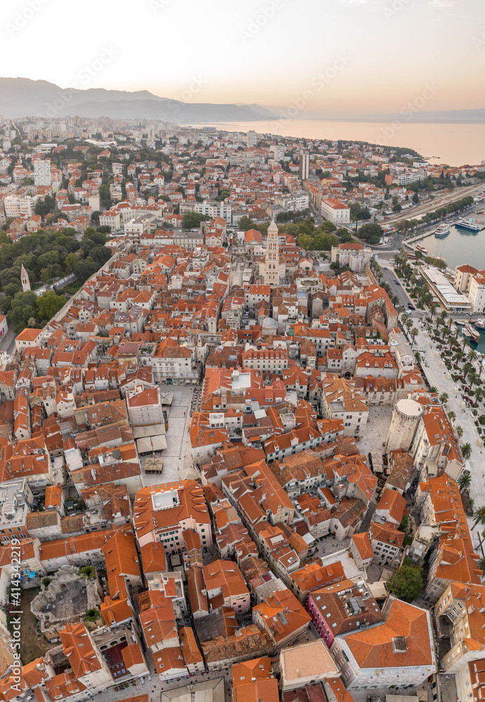 Aerial drone shot of Split old town Diocletian palace in sunrise hour in morning Croatia