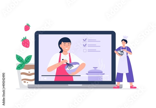 Online cooking learning concept. Course from professionals, bloggers, chefs. Online education, e-learning, studying at home. Vector flat illustration.