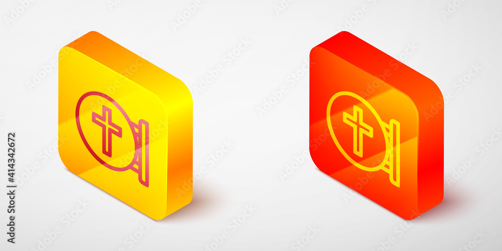 Isometric line Christian cross icon isolated on grey background. Church cross. Yellow and orange square button. Vector. Isometric line Christian cross icon isolated on grey background. Church cross. Yellow and orange square button. Vector.