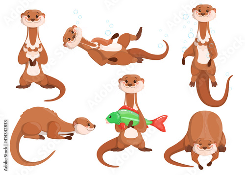 Funny brown otter set. Happy cute weasel fishing, hunting, diving under water in different poses. Vector illustrations for wild animal, wildlife, wilderness concept