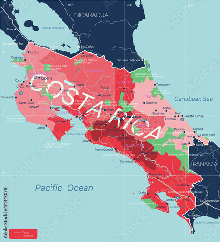 Costa Rica country detailed editable map with regions cities and towns, roads and railways, geographic sites. Vector EPS-10 file © olinchuk
