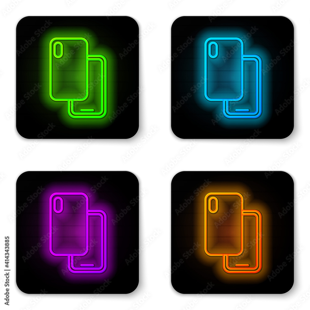Glowing neon line Smartphone, mobile phone icon isolated on white background. Black square button. Vector. Glowing neon line Smartphone, mobile phone icon isolated on white background. Black square button. Vector.