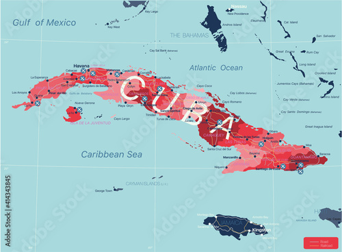 Cuba country detailed editable map with regions cities and towns, roads and railways, geographic sites. Vector EPS-10 file