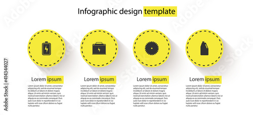 Set Battery, Car battery, Circular saw blade and Household chemicals bottle. Business infographic template. Vector.