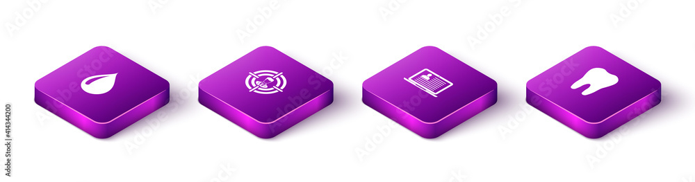Set Isometric Water drop, Head hunting, Laptop with resume and Tooth icon. Vector. Set Isometric Water drop, Head hunting, Laptop with resume and Tooth icon. Vector.