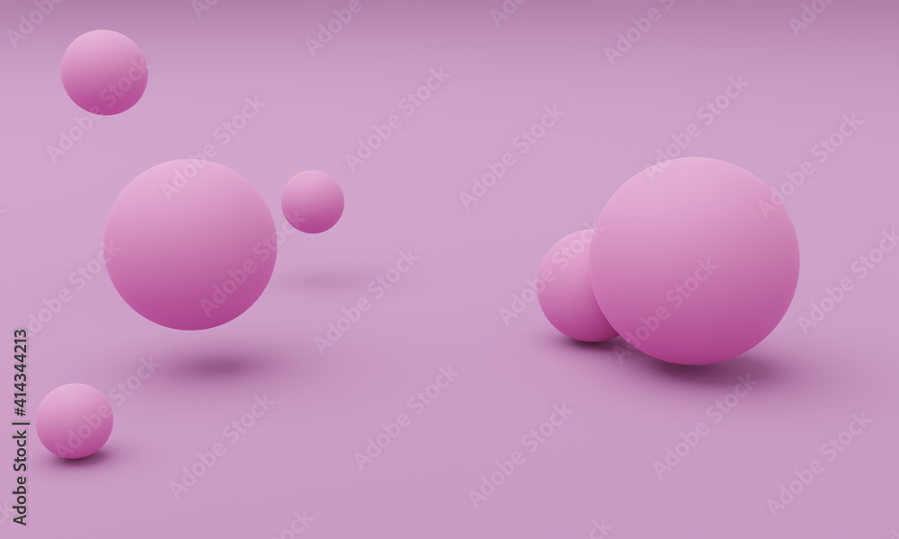 Spheres of pink color are placed on soft rose background. Pastel colors, soft shadows. Abstract and modern design, 3D render. Spheres of pink color are placed on soft rose background. Pastel colors, soft shadows. Abstract and modern design, 3D render.