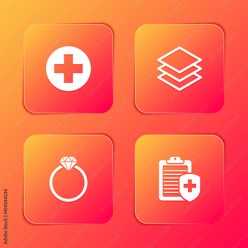 Set Medical cross in circle, Layers, Diamond engagement ring and Clipboard with medical insurance icon. Vector. Set Medical cross in circle, Layers, Diamond engagement ring and Clipboard with medical insurance icon. Vector.