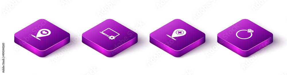 Set Isometric Map pointer with heart, Laptop and gear, Medical location cross and Diamond engagement ring icon. Vector. Set Isometric Map pointer with heart, Laptop and gear, Medical location cross and Diamond engagement ring icon. Vector.