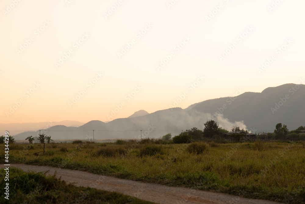 mountains with field at sunset in  Myanmar