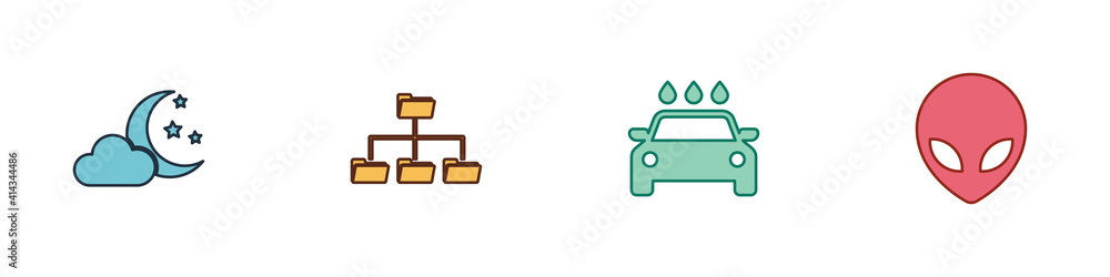 Set Cloud with moon and stars, Folder tree, Car wash and Alien icon. Vector. Set Cloud with moon and stars, Folder tree, Car wash and Alien icon. Vector.