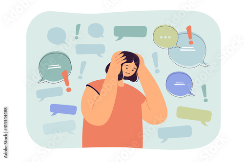 Too much information or spam concept. Sad social media internet user holding head, trying to stop hoax fake news, disinformation noise. Flat vector illustration