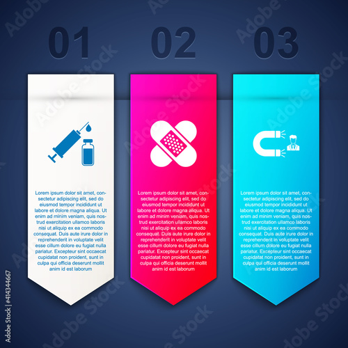 Set Medical syringe and vial, Crossed bandage plaster and Customer attracting. Business infographic template. Vector.