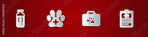 Set Pets vial medical, Veterinary clinic, first aid kit and Clinical record pet icon. Vector.