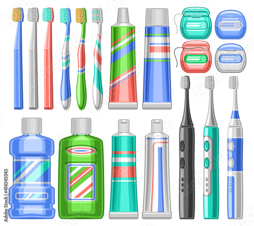 Vector set for Dental Care, lot collection of cut out illustrations of colorful dental products, group of many toothbrushes, medical toothpaste, open and close floss boxes, mouth rinse liquid on white