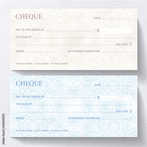 Check, Cheque (Chequebook template). Guilloche pattern with abstract line gold watermark. Background for banknote, money design, currency, bank note, Voucher, Gift certificate, coupon