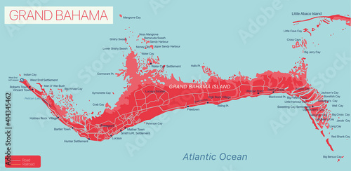 Grand Bahama island detailed editable map, vector EPS-10 file