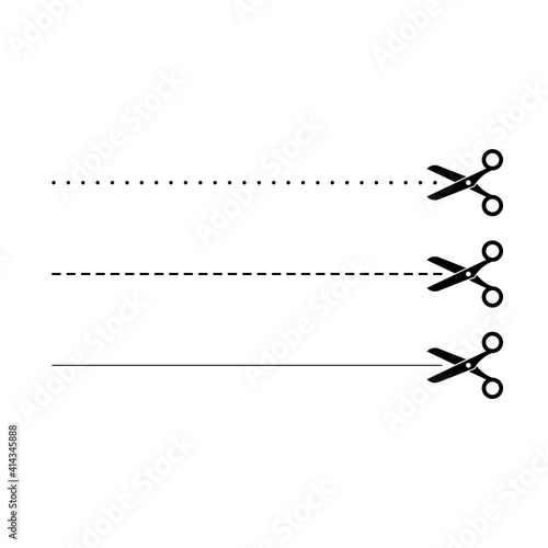 Black open scissors with stitch line icon isolated on white. Cut sign.