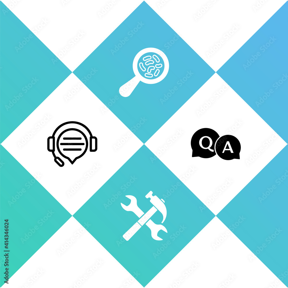 Set Headphones with speech bubble chat, Crossed hammer and wrench, Microorganisms under magnifier and Question Answer icon. Vector. Set Headphones with speech bubble chat, Crossed hammer and wrench, Microorganisms under magnifier and Question Answer icon. Vector.
