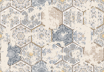 Papier peint photo Style vintage patrons Carreaux azulejos patchwork hispanique vieilli  © psk55