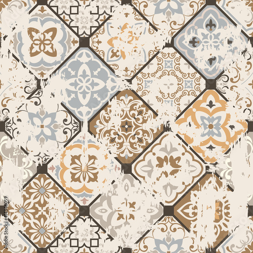 Seamless vintage pattern with an effect of attrition. Patchwork carpet. Hand drawn seamless abstract pattern from tiles. Azulejos tiles patchwork. Portuguese and Spain decor.	
