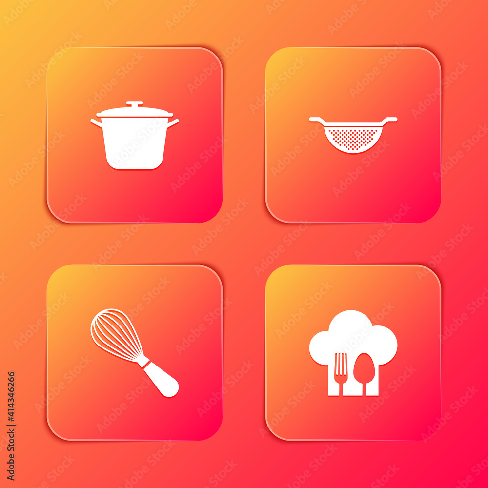 Set Cooking pot, Kitchen colander, whisk and Chef hat with fork spoon icon. Vector. Set Cooking pot, Kitchen colander, whisk and Chef hat with fork spoon icon. Vector.