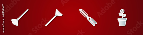 Set Garden rake for leaves, , Gardening handmade scissor and Flower pot icon. Vector.