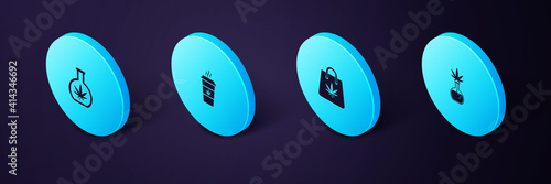 Set Isometric Test tube with marijuana, Shopping bag of, Cup coffee and icon. Vector.