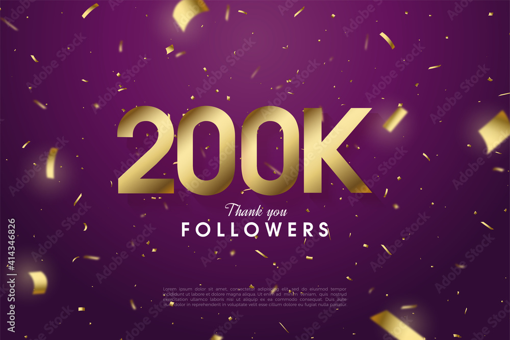 200k followers with numbers and gold foil illustration on purple background.