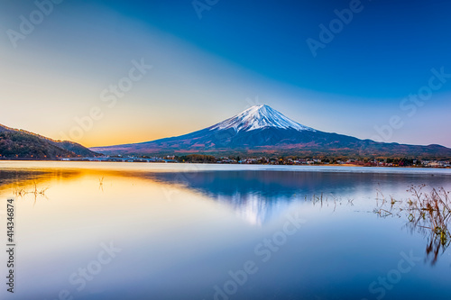 Japan Destinations. Tranquil Kawaguchiko Lake in Front of Picturesque Fuji Mountain in Japan