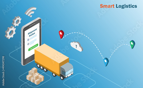 Isometric global smart logistics. Online shipment tracking status on smartphone with truck and carton boxes. Logisstics and supply chain distribution, transportation technology concept.