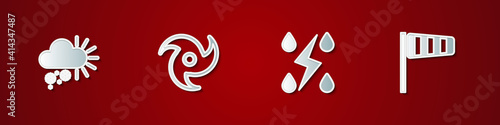 Set Cloudy with snow, Tornado, Storm and Cone windsock wind vane icon. Vector.