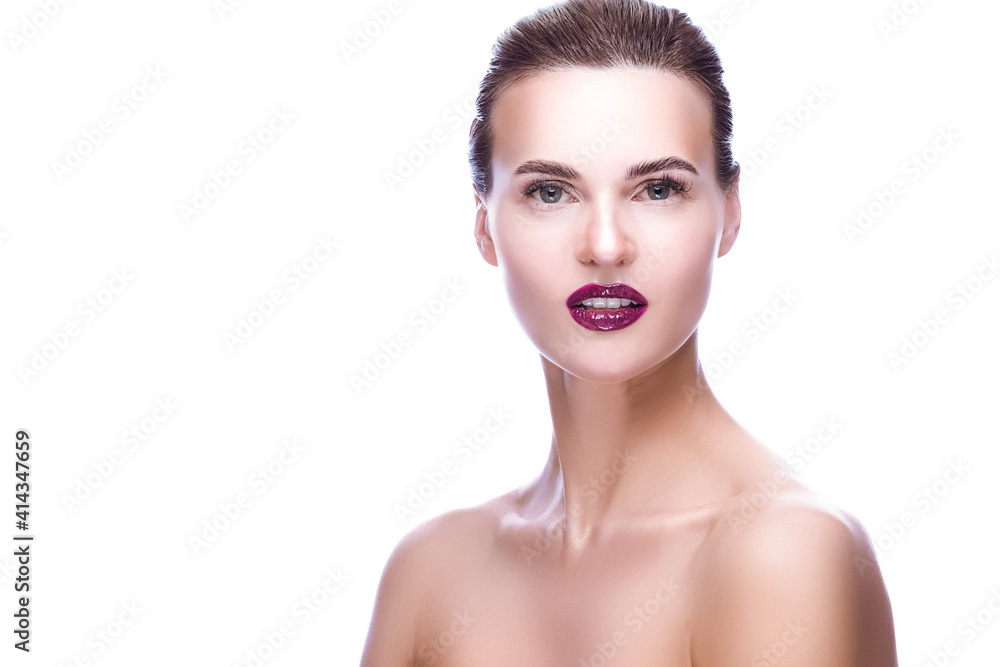 Skin Care Concept Beauty Portrait. Beautiful Caucasian Model With Perfect Fresh and Clean Skin Looking at Camera. Isolated Against White Skin Care Concept Beauty Portrait. Beautiful Caucasian Model With Perfect Fresh and Clean Skin Looking at Camera. Isolated Against White