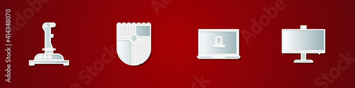 Set Joystick for arcade machine, Shield game, Laptop and Computer monitor icon. Vector.