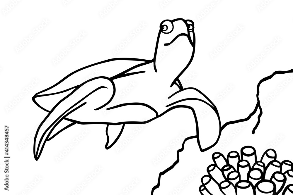 Naklejka premium Turtle and algae in the ocean. Can be used for coloring book for kids. Vector illustration.