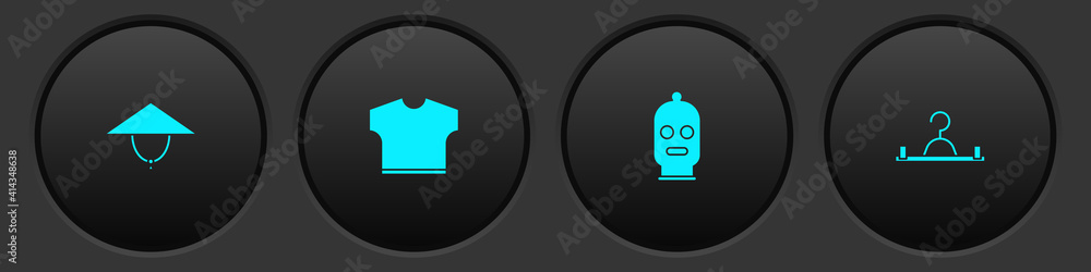 Set Asian conical hat, T-shirt, Balaclava and Hanger wardrobe icon. Vector. Set Asian conical hat, T-shirt, Balaclava and Hanger wardrobe icon. Vector.