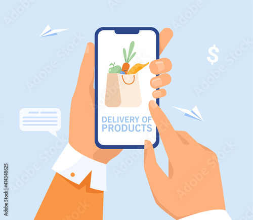 Hand of user ordering delivery from grocery store. Person buying food in supermarket online. Flat vector illustration. Shopping, courier service concept for banner, website design or landing web page