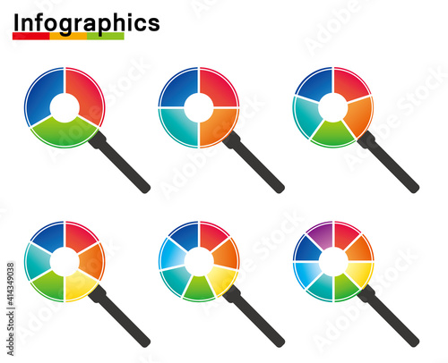 インフォグラフィックス｜アイコン3分割～8分割の円グラフチャート拡大鏡虫眼鏡PDCAビジネスプロセス経営