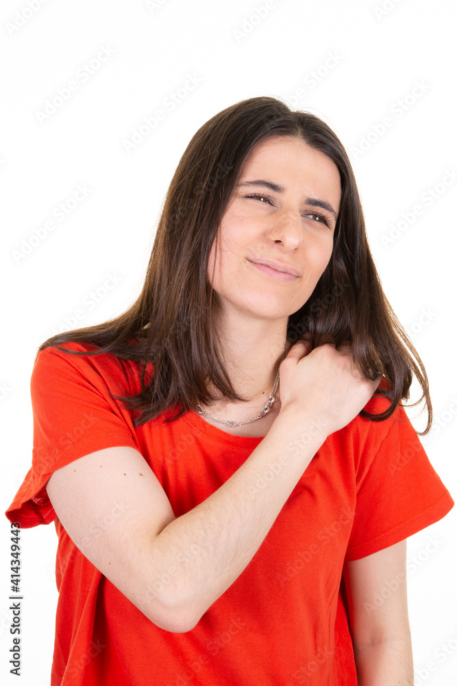 Woman beautiful with hand on neck shoulder to a pain Woman beautiful with hand on neck shoulder to a pain