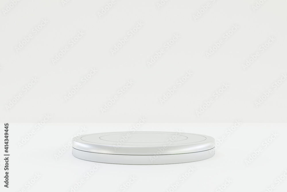 Modern white background and empty white metal cylinder stage. Future modern interior and minimal concept. showcase for product, 3d rendering Modern white background and empty white metal cylinder stage. Future modern interior and minimal concept. showcase for product, 3d rendering