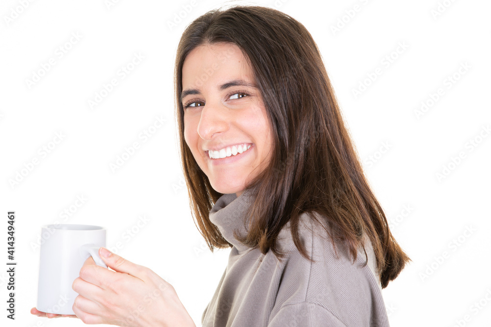happy young woman with mug of coffee smiling and happiness girl hot drink cup of tea happy young woman with mug of coffee smiling and happiness girl hot drink cup of tea