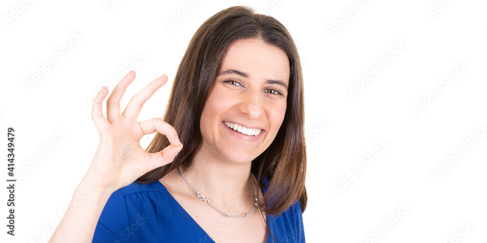 Happy young woman showing ok sign with hand fingers isolated in white background header web banner aside copy space Happy young woman showing ok sign with hand fingers isolated in white background header web banner aside copy space
