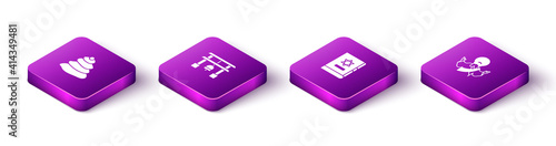Set Isometric Stack hot stones, Japan Gate, Jewish torah book and Jesus Christ icon. Vector.