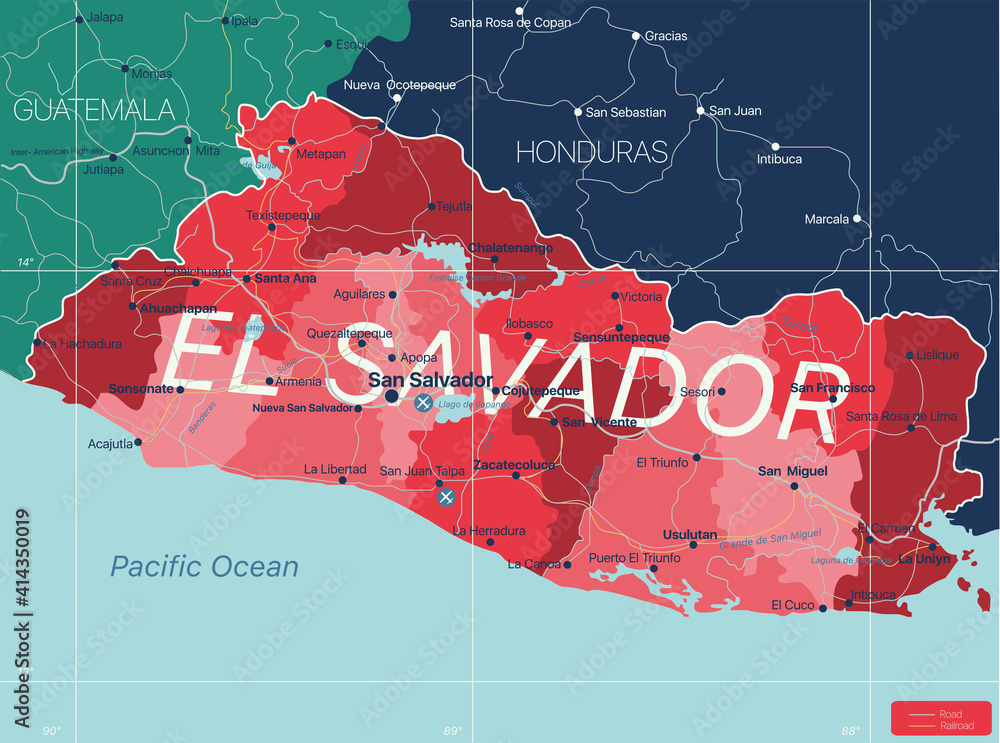 El Salvador country detailed editable map with regions cities and towns, roads and railways