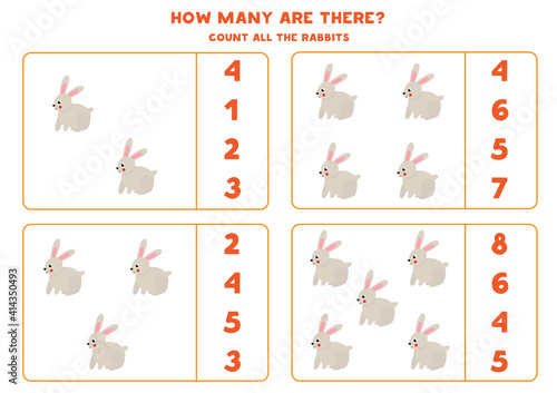Counting game with cartoon rabbit. Math worksheet. © Milya Shaykh